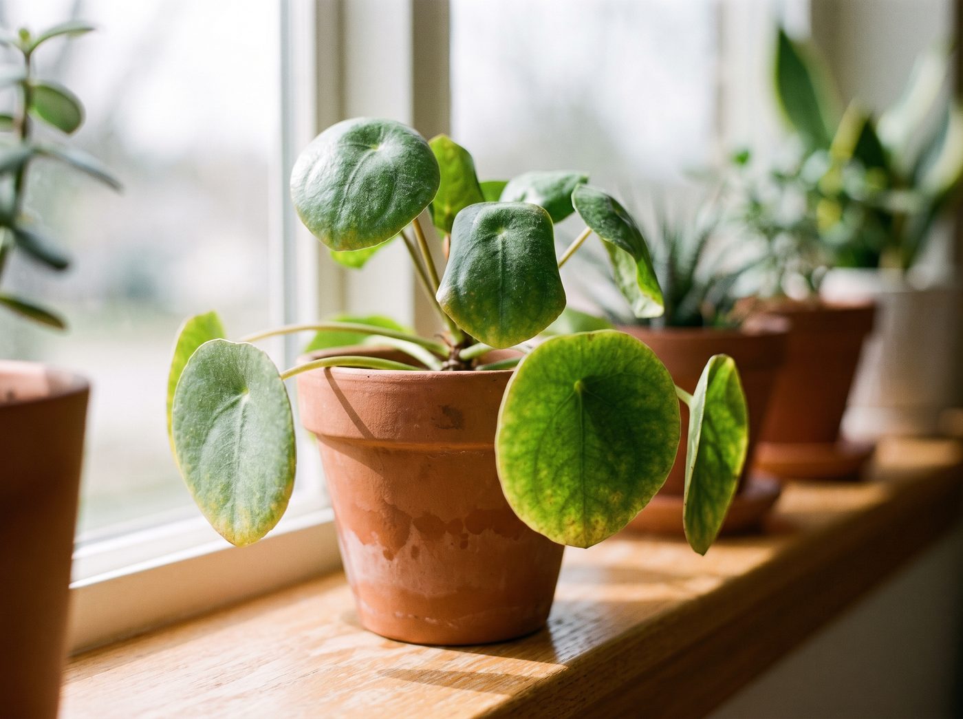 Pilea peperomioides leaves, some curling at the edges, on a bright windowsill