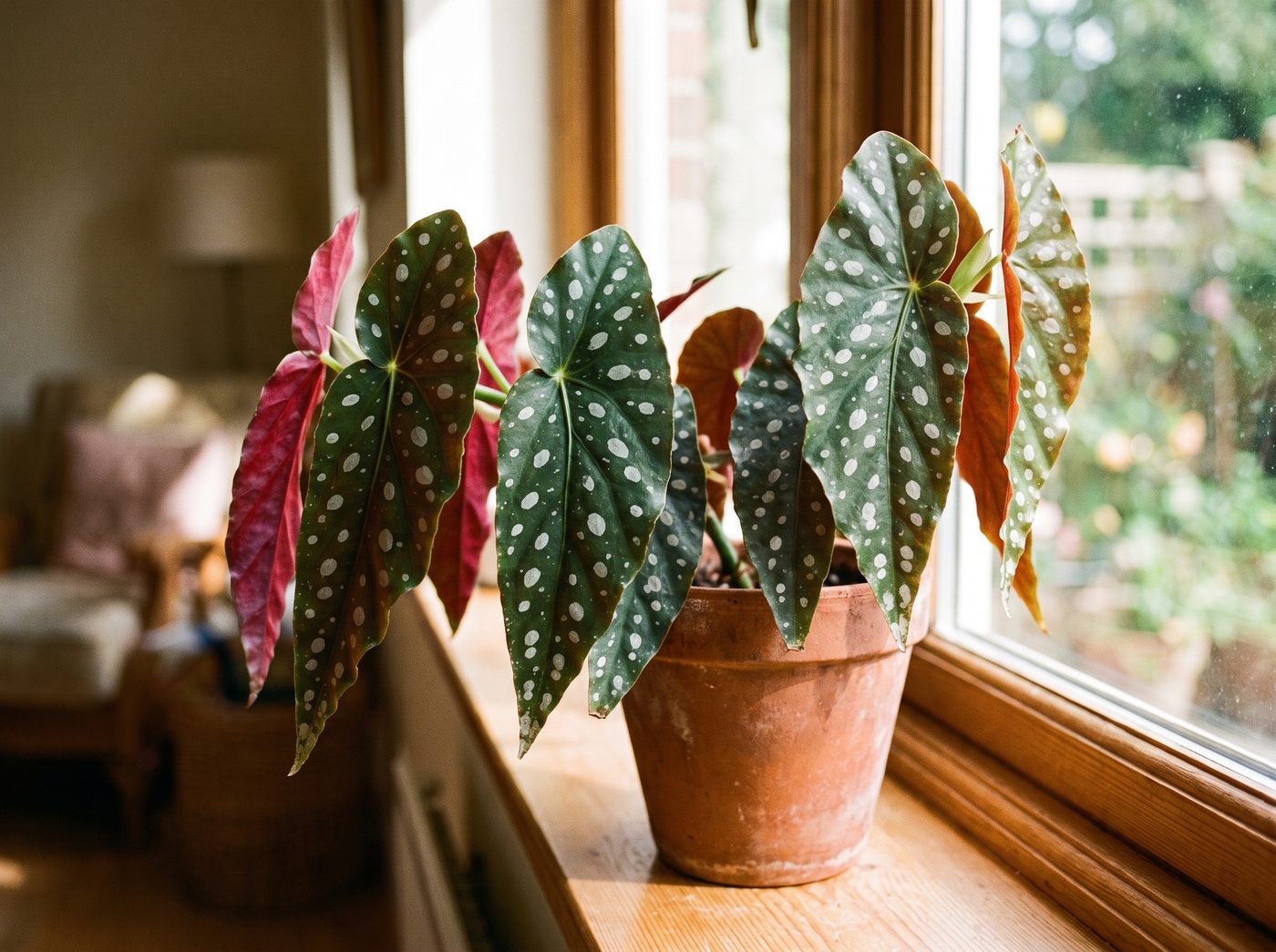 Polka dot begonia (Begonia maculata) leaves with silvery-white spots on a bright windowsill