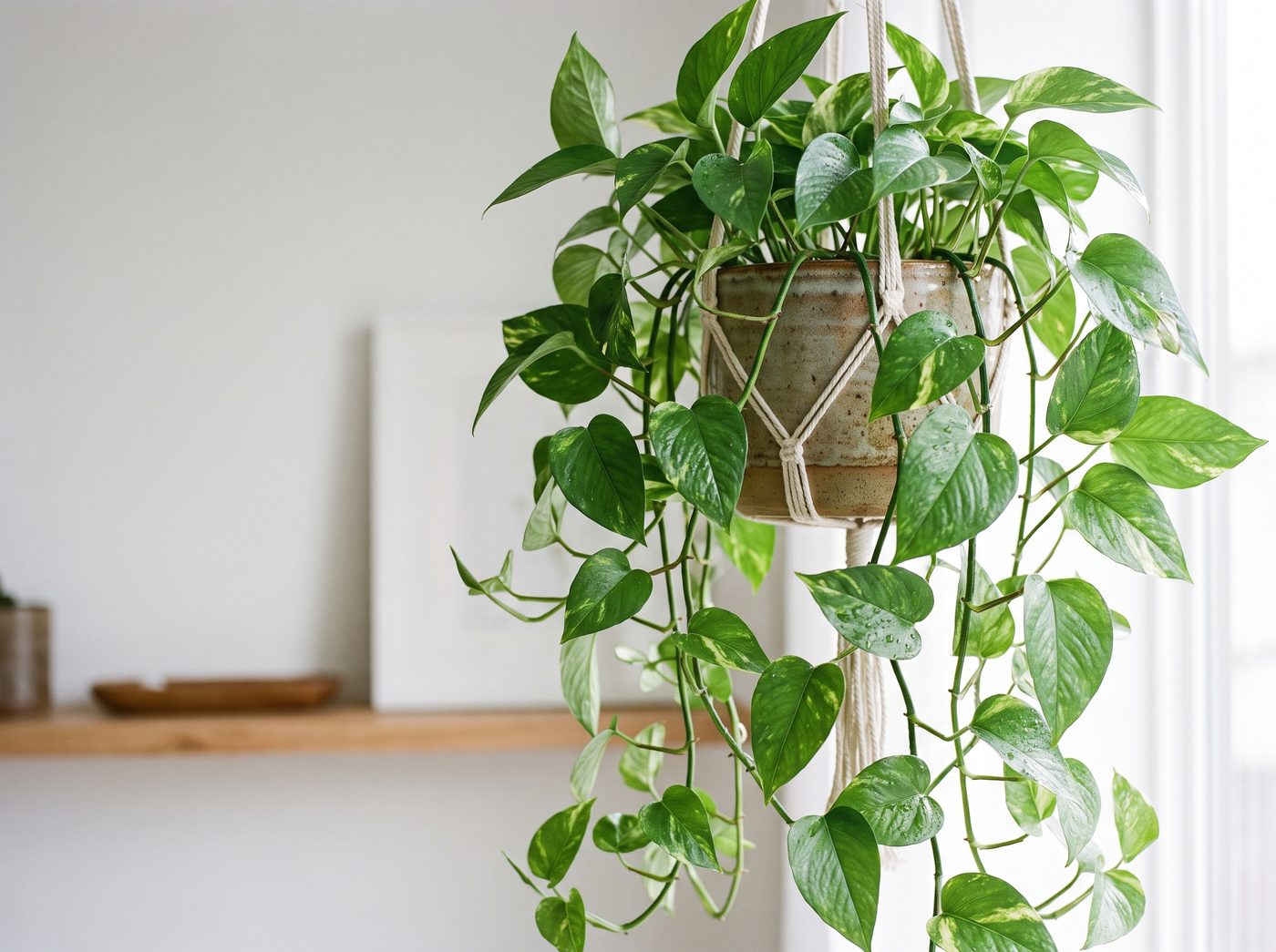 Pothos (Epipremnum aureum) trailing vine with heart-shaped leaves