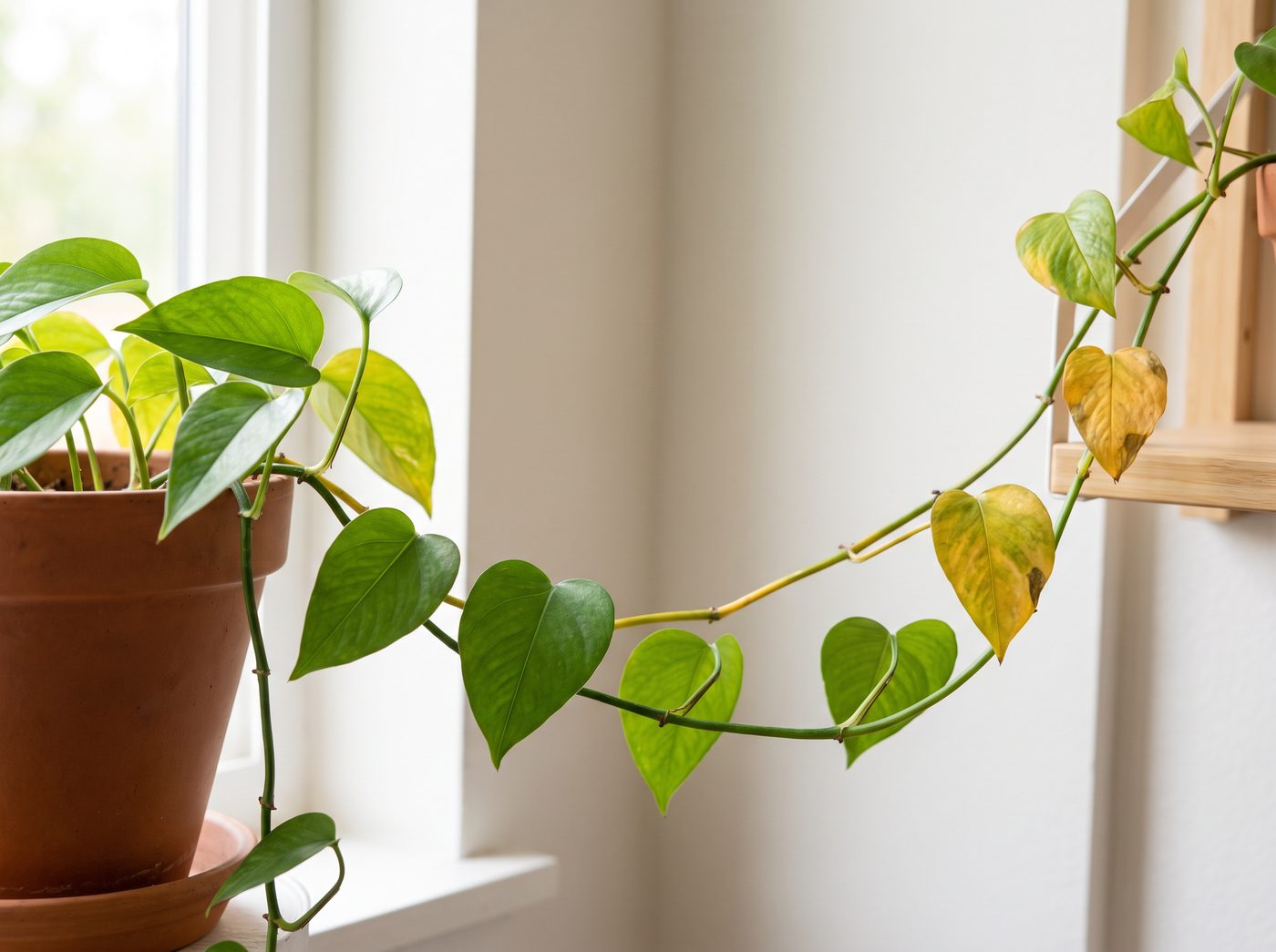 Pothos vine with several leaves turning yellow, on a bright windowsill