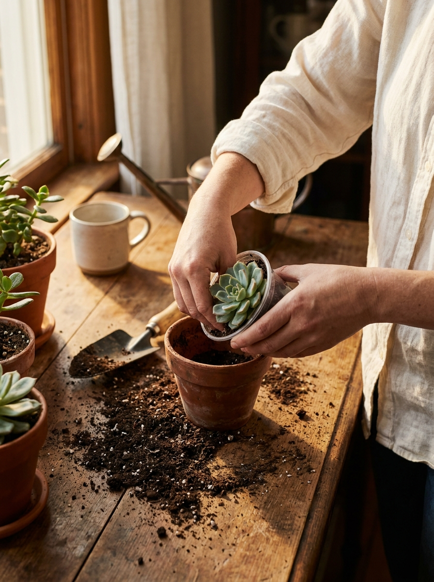 Repotting a small succulent